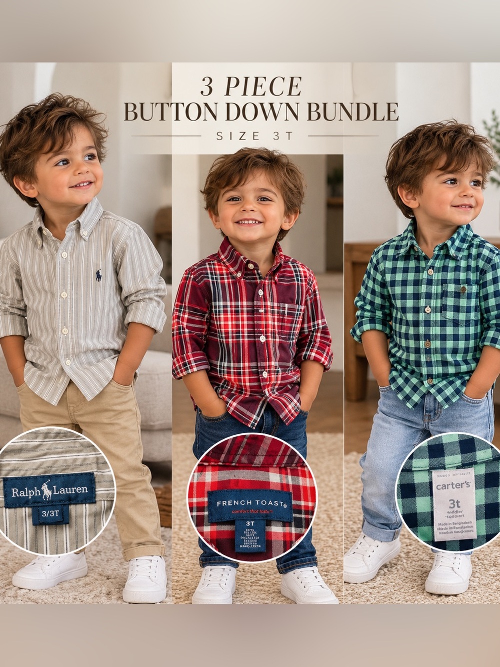 Toddler Boys 3T Button Down Shirt Bundle Ralph Lauren Carters Plaid 3 Pc